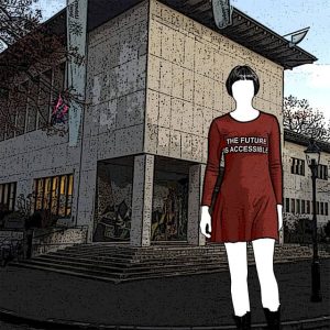 Symbolbild: Mensch steht vor Universität Basel. Auf dem Kleid steht: The Future is Accessible